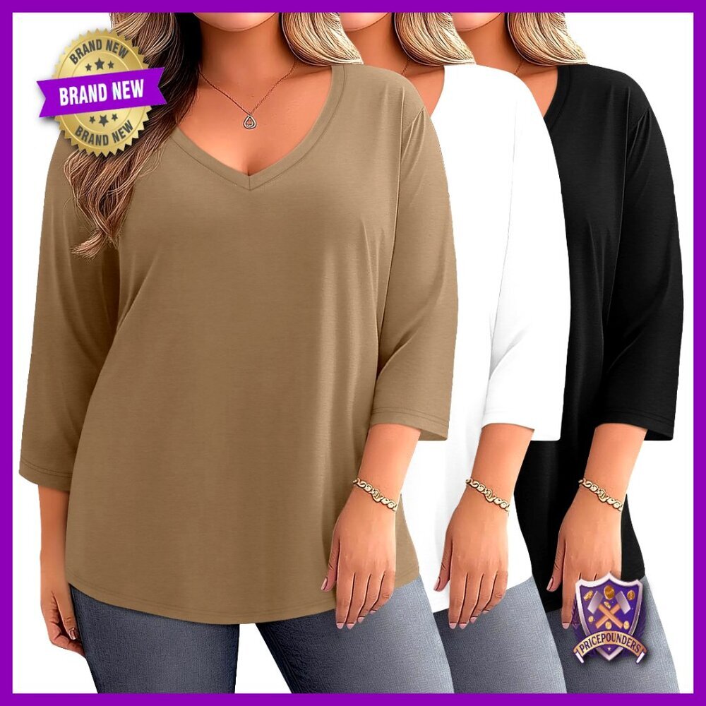 Plus Size 3/4 Sleeve V-Neck Cotton Tees 3 Pack Loose Fit Casual Tops